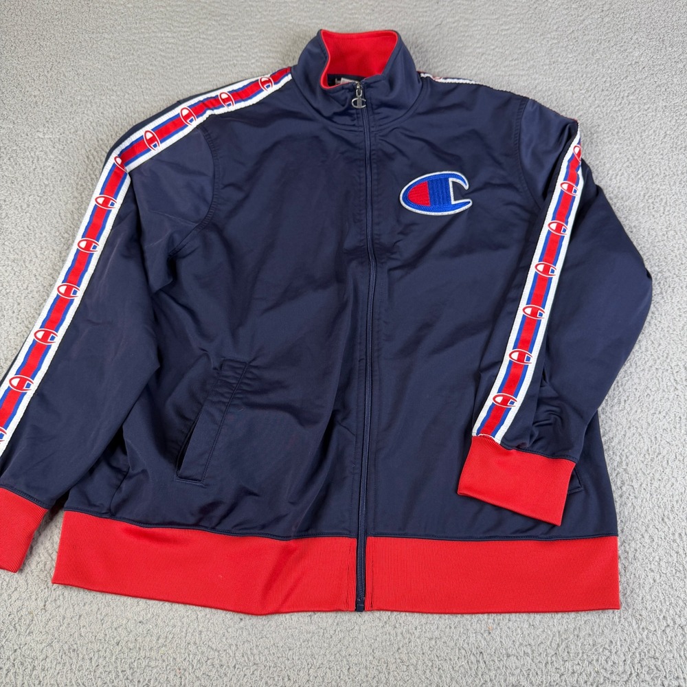 Champion Track Jacket Mens 2XL Blue Red Logo Tape Full Zip V3377 AEZ Athletic